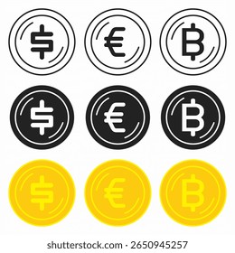 Coin vector icons set. US dollar coin symbols collection. Euro coin symbols collection. Crypto currency, bitcoin, bitcoin logo. Bitcoin symbol. Dollar Symbol. Euro Symbol.