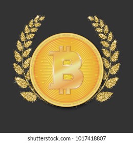 Coin of virtual currency Bitcoin. Icon, golden money symbol of bitcoin on the dark background with Laurel wreath of Golden sand, dust. Symbol of technology. Digital currency, cryptocurrency.