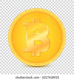 Coin of virtual currency Bitcoin. Icon, golden money symbol of bitcoin isolated on transparent background. Symbol of technology. Digital currency, cryptocurrency.