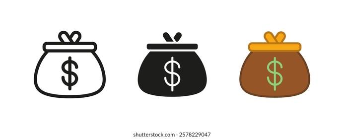 Coin wallet icon. Change purse vector illustration. Money bag symbol. Cash sack with dollar sign. Pocket coin wallet pictogram. Financial credit and economy concept outline, black and colored isolated