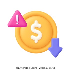 Coin with warning sign and arrow down. Money decrease, falling value, currency depreciation, price down, profit loss, warning of financial crisis, recession. 3d vector icon. Cartoon minimal style.