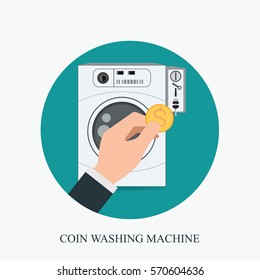 Coin washing machines with integrated payment system and hand holding coin,icon flat design vector illustration.