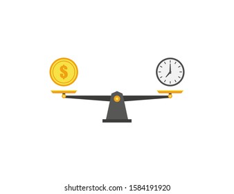 coin and watch on scales isolate on white background, vector