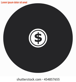 Coin web icon. Gray circle button with white illustration.