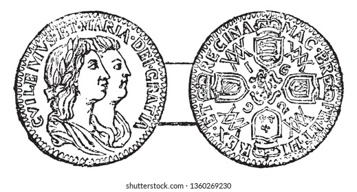 Coin of William and Mary usually refers to the co regency over the Kingdoms of England in Scotland and Ireland, vintage line drawing or engraving illustration.