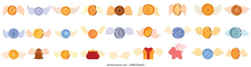 Coin wing icons set. Set of different gold, silver and bronze coins with wings flying away representing volatile market and financial instability