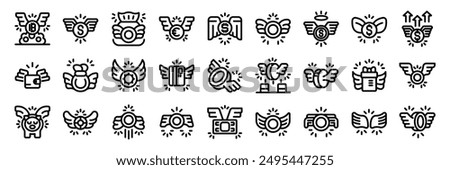 Coin wing icons set. Different ways of earning money, increasing capital, investing, online income, fast money transfers, currency exchange, profitable deposits