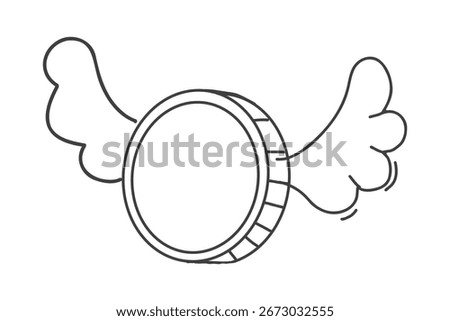 Coin with wings comic doodle hand drawn. Flying money, cash sketch, simple icon. Money loss or spent concept. Line 