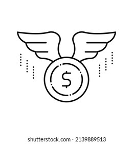 moneda con un vector de icono de línea de alas. moneda con señal de alas. símbolo de contorno aislado ilustración negra
