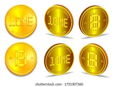 Coin of World electronic currency in several 3D projections. Bitcoin 1 oz. of fine gold EPS10