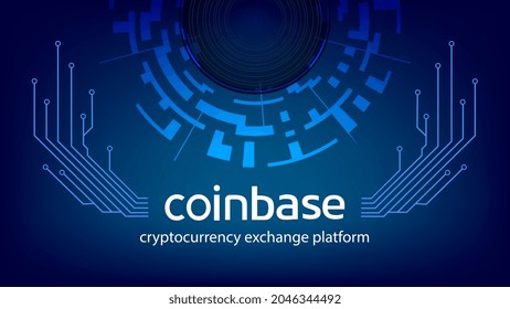 Coinbase cryptoCurrency Exchange Platform Name mit digitalem Kreis und Leiterplattenspuren auf dunkelblauem Hintergrund. Crypto Börsenbanner für Nachrichten und Medien. Vektorgrafik.