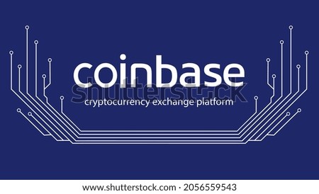 Coinbase cryptocurrency exchange platform name with PCB tracks isolated on blue. Design element for banner. Vector illustration.