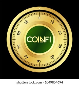 CoinFi (COFI) cryptocurrency safe lock. Eps10 vector illustration isolated on black background.