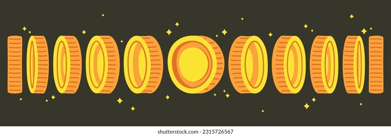 Coins animation. Cartoon game animated golden coins, casino or video games money spin. Gold cash coin cartoon flat vector illustration