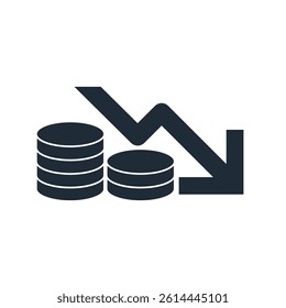 Coins and arrow down. Reduction of funding. Vector illustration icon isolated on white background.