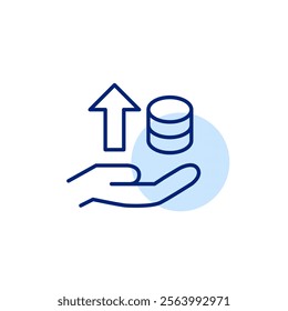 Coins, arrow up and hand. Successful personal finances management. Wealth, prosperity and investment growth. Pixel perfect, editable stroke icon