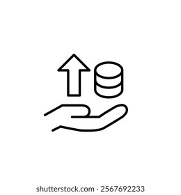 Coins, arrow up and hand. Successful personal finances management. Wealth, prosperity and investment growth. Pixel perfect vector icon