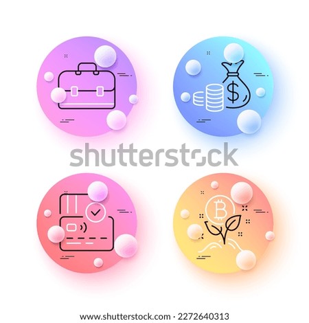 Coins bag, Card and Bitcoin project minimal line icons. 3d spheres or balls buttons. Portfolio icons. For web, application, printing. Investment, Bank payment, Cryptocurrency startup. Vector
