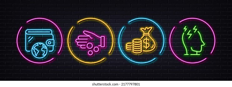 Bolsa de monedas, dinero de donación y iconos mínimos de la línea de la cartera. Luces 3d láser neón. Iconos de estrés. Para web, aplicación, impresión. Inversión, dinero de impuestos, ansiedad mental. Botones de luces de neón. Vector