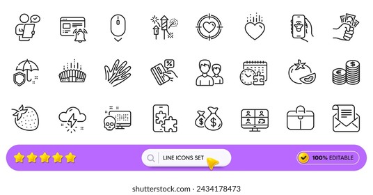 Coins bags, Currency and Tomato line icons for web app. Pack of Music app, Video conference, Couple pictogram icons. Fraud, Scroll down, Customer survey signs. Puzzle time, Arena stadium. Vector