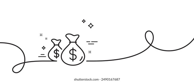 Coins bags line icon. Continuous one line with curl. Cash money sign. Income savings symbol. Coins bags single outline ribbon. Loop curve pattern. Vector