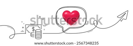 Coins banknote line icon. Continuous line with share plane. Cash money sign. Business income symbol. 3d heart in speech bubble. Coins banknote single line ribbon. Loop curve pattern. Vector