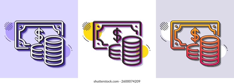 Coins banknote line icon. Halftone dotted pattern. Gradient icon with grain shadow. Cash money sign. Business income symbol. Line coins banknote icon. Various designs. Vector