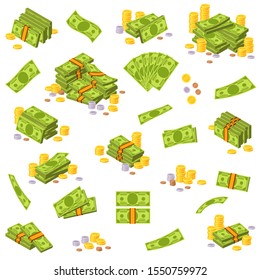 Coins and banknote. Various money bills, paper us dollar bank notes and gold coins. Cash heap pile, currency stack isometric vector cartoon bankruptcy payment lottery set