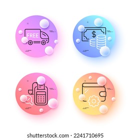 Coins banknote, Wallet and Bill accounting minimal line icons. 3d spheres or balls buttons. Free delivery icons. For web, application, printing. Cash bill, Money budget, Audit report. Vector