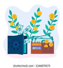 Coins, banknotes and credit cards in a wallet and a safe with dollars. The concept of saving money, receiving wages and savings. Vector illustration for web design, social media and presentations.