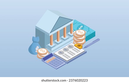Monedas, billetes de banco, documentos financieros situados cerca del departamento de finanzas del gobierno o del edificio de columnas de oficinas fiscales, concepto de auditoría financiera pública.fondo azul.diseño 3D.diseño vectorial isométrico