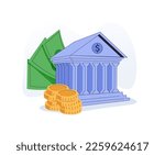 Coins, Banknotes, Financial Documents Lying Near Government Finance Department or Tax Office Column Building. Public Finance Audit Concept. Flat Isometric Vector Illustration.