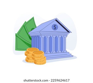 Coins, Banknotes, Financial Documents Lying Near Government Finance Department or Tax Office Column Building. Public Finance Audit Concept. Flat Isometric Vector Illustration.