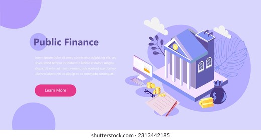 Coins, Banknotes, Financial Documents Lying Near Government Finance Department or Tax Office Column Building. Public Finance Audit Concept. Flat Isometric Vector Illustration