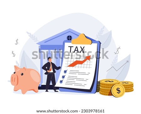 Coins, Banknotes, Financial Documents Lying Near Government Finance Department or Tax Office Column Building. Public Finance Audit Concept. Flat Isometric Vector Illustration