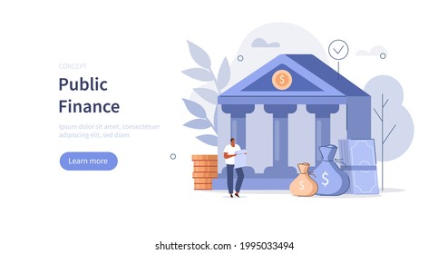 Coins and banknotes lying near government finance department or tax office column building. Public finance audit concept. Flat isometric vector illustration.