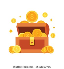 Coins And Banknotes Money gold dollar,A treasure chest overflowing with neatly stacked dollar bills and shiny coins, drawn in a colorful cartoon style. Some coins are spilling out Illustration Design