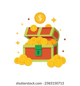 Coins And Banknotes Money gold dollar,A treasure chest overflowing with neatly stacked dollar bills and shiny coins, drawn in a colorful cartoon style. Some coins are spilling out Illustration Design