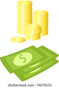 coins and banknotes money set cartoon vector illustration
