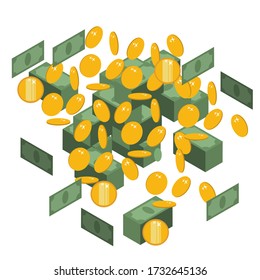 Coins and banknotes. Much money. Vector illustration.