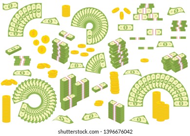 Coins and banknotes vector illustration isolated on white background. Set of dollar banknotes and coins in different positions
