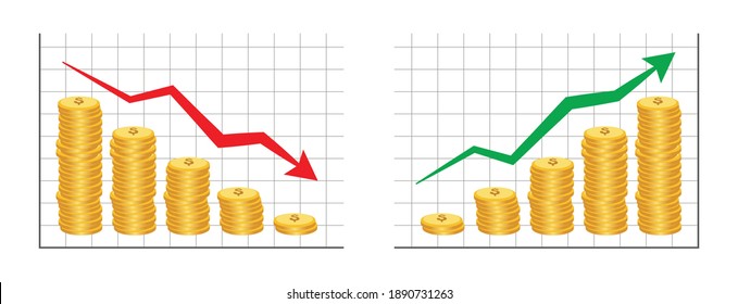 Coins Bar with arrow graph going up and down growth of financial and economy business infographic isolated on white background.