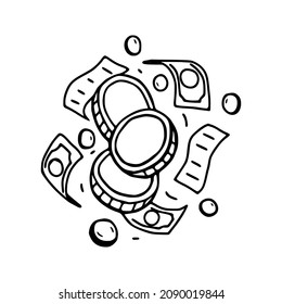 Coins with bills and checks vector doodle illustration