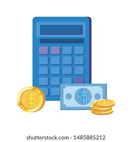 coins and bills money dollars with calculator