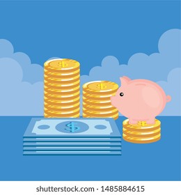coins and bills money dollars icons