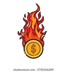 Coins burning a dollar coin in flames symbolizing wealth destruction, ideal for illustrating financial loss and economic downturn concepts.