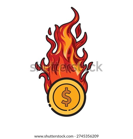 Coins burning a dollar coin in flames symbolizing wealth destruction, ideal for illustrating financial loss and economic downturn concepts.