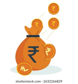 Coins burst out of a rupee bag like birds in flight, symbolizing fast cash flow and spending