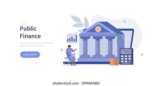 Coins And Calculator Lying Near Government Finance Department Or Tax Office Column Building. Public Finance Audit Concept. Flat Cartoon Vector Illustration.