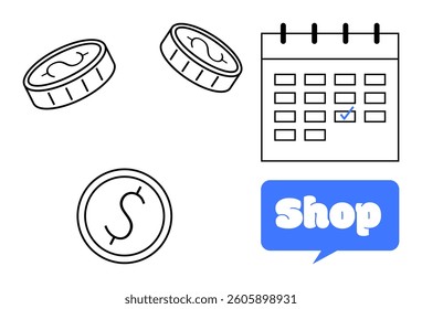 Coins, a calendar with a checkmark, and a blue speech bubble labeled Shop. Ideal for retail, budgeting, planning, finance management, and time management. Outline, modern, simple
